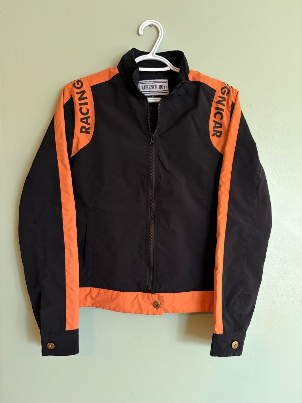 90s Laurence Roy Moto Racing Jacket Womens S Black Orange Windbreaker Y2K VTG